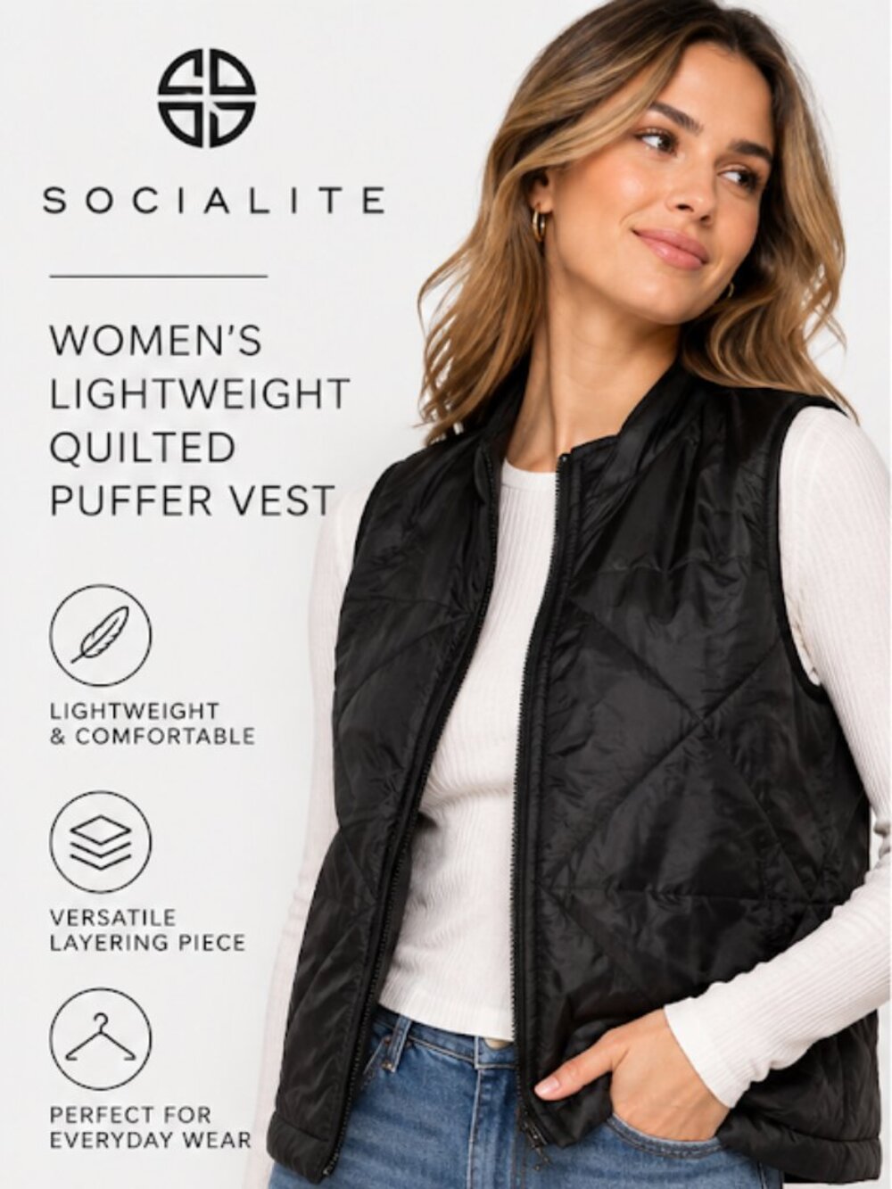NWT Socialite Women's Black Lightweight Quilted Puffer Vest